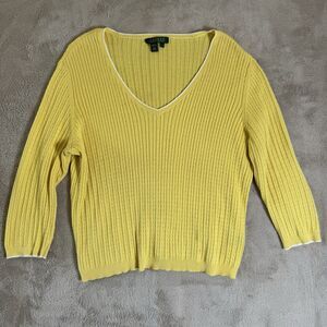 Vintage Lauren Ralph Lauren Sweater Womens Large Yellow Cable Knit V Neck Cotton